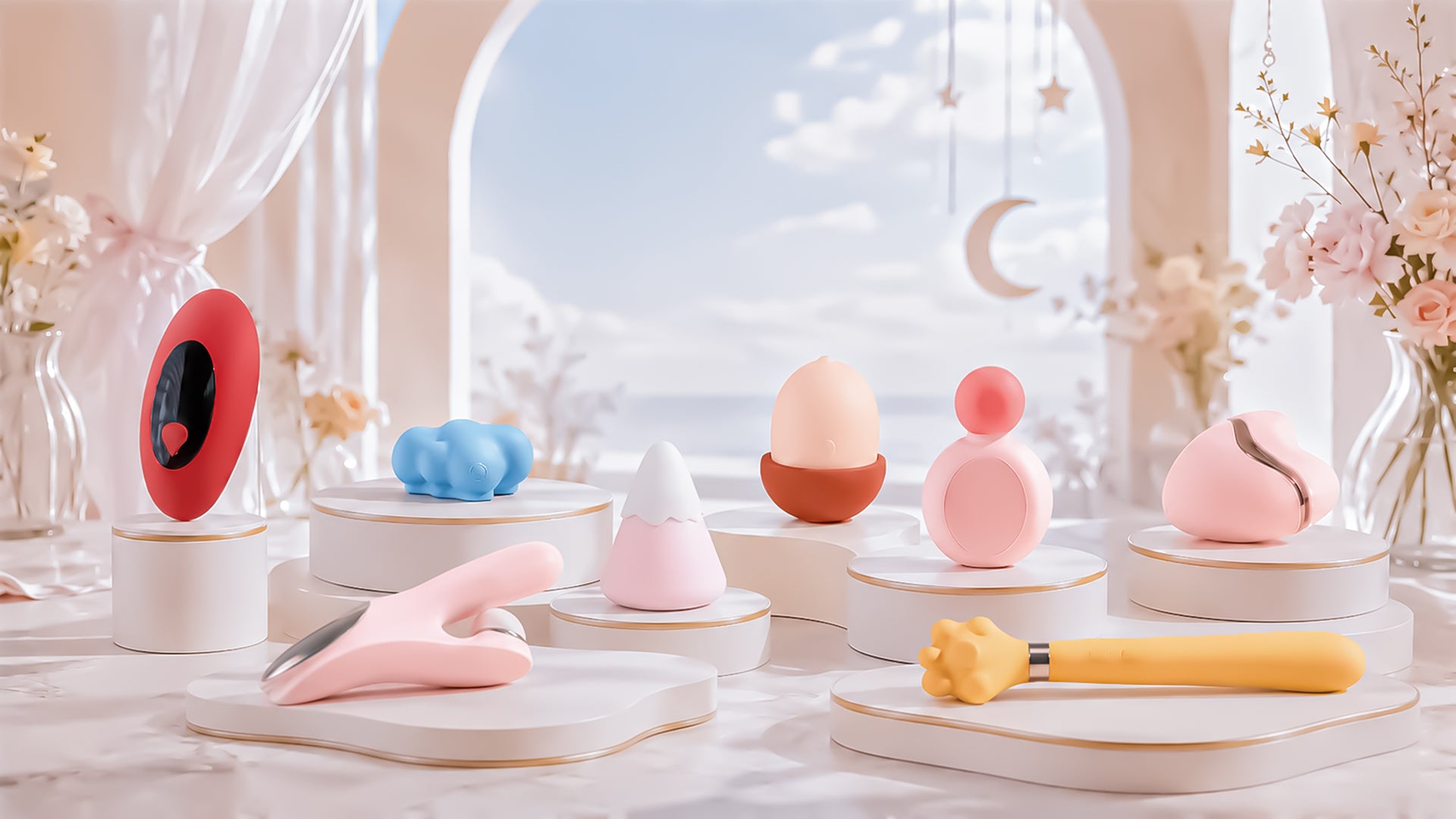YORIAのセルフケアアイテムを明るい室内に並べたブランドビジュアル