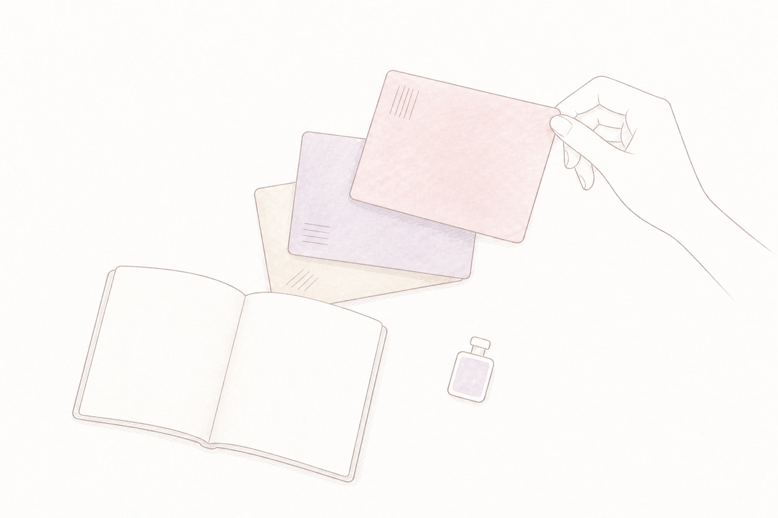 色や手触りのカード、空白の本、香りを手に取り、新しいものを考え選ぶイラスト