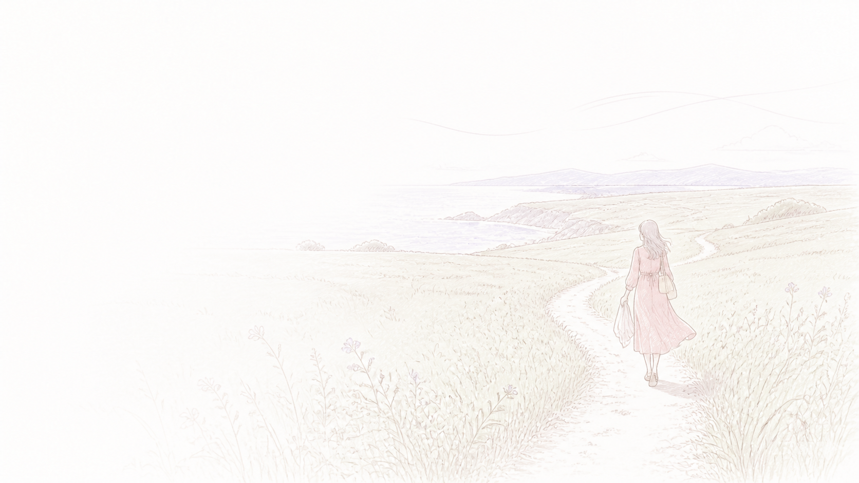 海辺の草原を、自分の歩幅で遠くへ歩いていく女性のイラスト