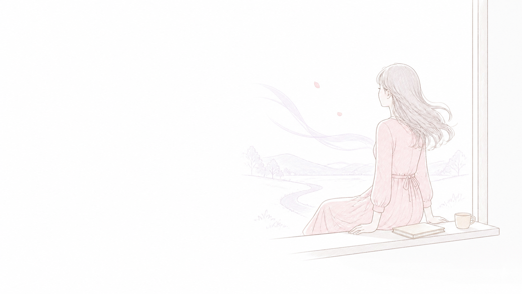 窓辺でノートを閉じ、自分の時間とこれからを静かに見つめる女性のイラスト